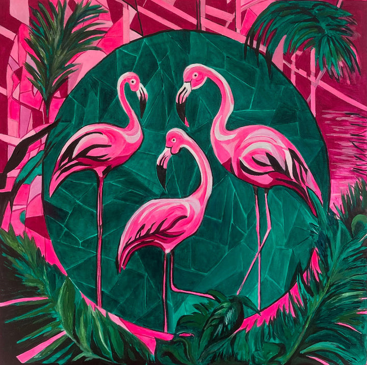 Bold contemporary painting of three pink flamingos set against a geometric green and magenta jungle backdrop.