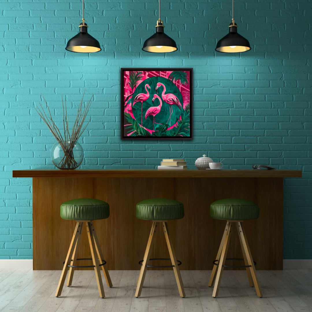 Bold contemporary painting of three pink flamingos set against a geometric green and magenta jungle backdrop.
