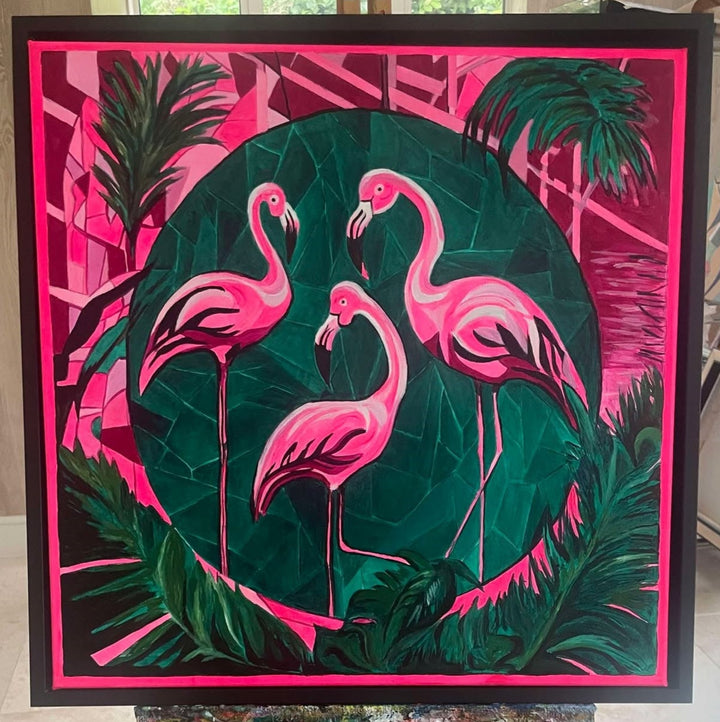 Bold contemporary painting of three pink flamingos set against a geometric green and magenta jungle backdrop.

