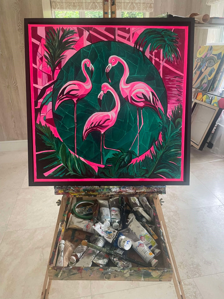 Bold contemporary painting of three pink flamingos set against a geometric green and magenta jungle backdrop.