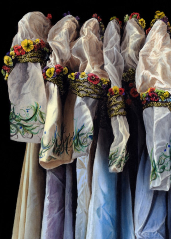 Hyperrealist painting of a row of traditional ballet costumes, intricately detailed with floral embroidery and soft pastel hues. The garments hang closely together, creating a sense of harmony, movement, and shared elegance. The composition reflects the artistry of stage costume and the beauty of performance preparation.