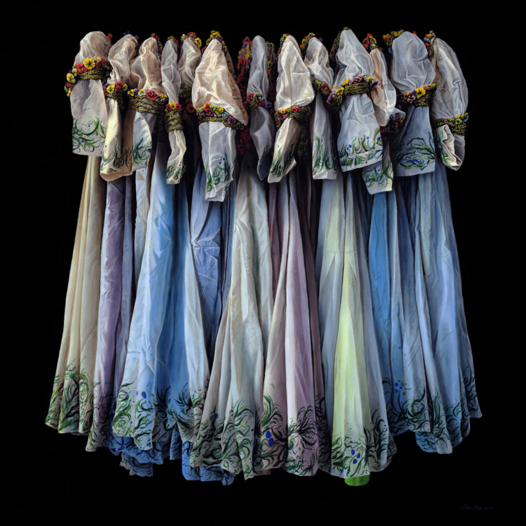 Hyperrealist painting of a row of traditional ballet costumes, intricately detailed with floral embroidery and soft pastel hues. The garments hang closely together, creating a sense of harmony, movement, and shared elegance. The composition reflects the artistry of stage costume and the beauty of performance preparation.