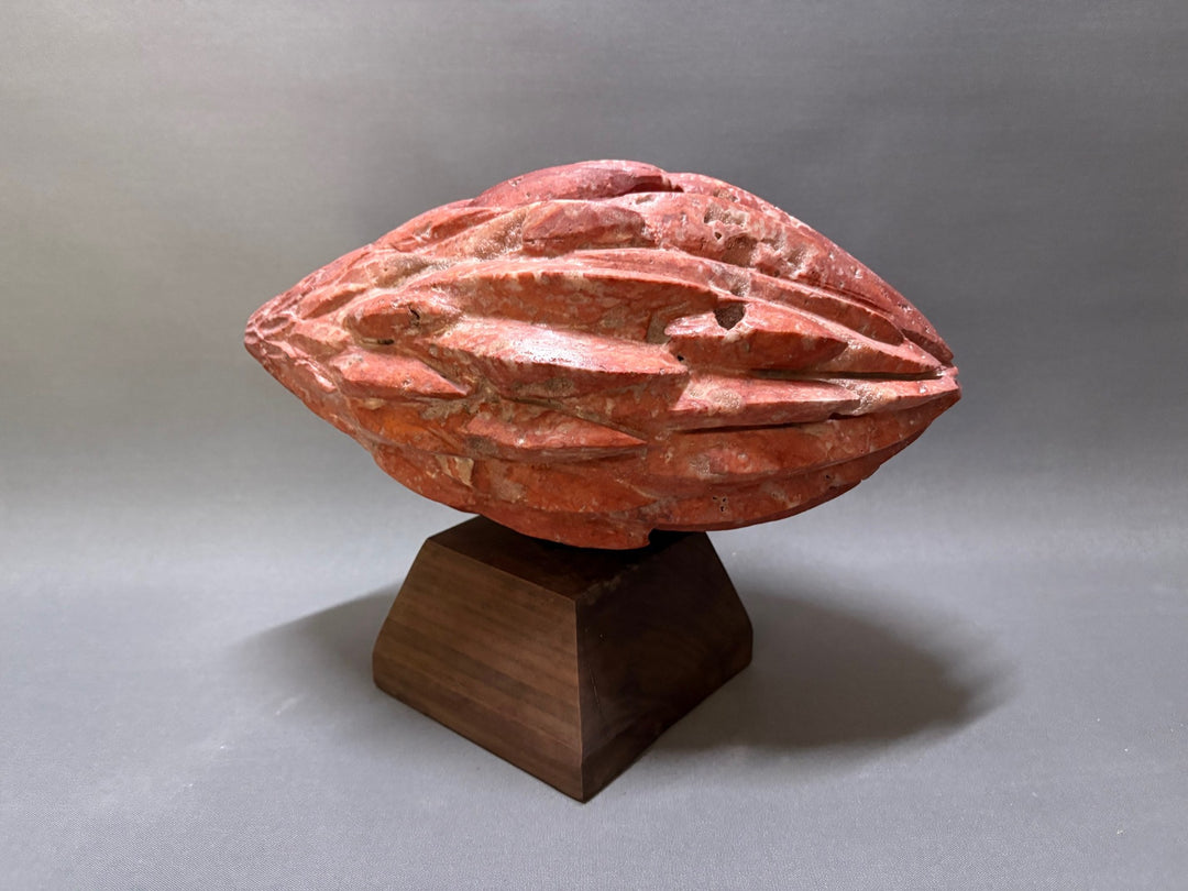 Protea by Brendan Cullen, a hand-carved sculpture in red travertine marble, shaped into a seed-pod-like form with layered ridges and natural cavities. The warm red stone, mottled with lighter and darker mineral patterns, gives the work an organic, earthy vitality. Mounted on a dark wooden base, the piece evokes both growth and resilience.