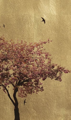 Close-up of Robert Pereira Hind’s Prunus Serrulata In Excelsis IV, showing a single Japanese cherry tree in full pink blossom with swifts in flight against a shimmering gold-leaf background. Created with acrylic paint and organic photographic pigment on gilded wooden panel, finished with shellac and art glazes, designed to naturally patinate over time.