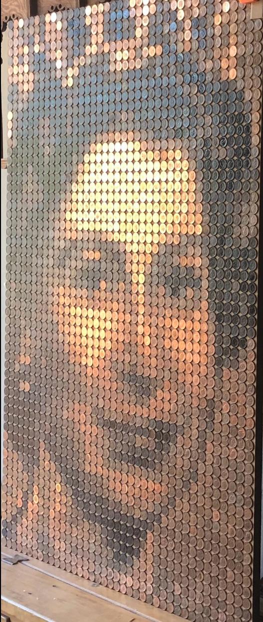 Ed Chapman mosaic portrait of Queen Elizabeth II crafted from over 2,300 British one penny coins, forming a shimmering copper-toned tribute to the late monarch.