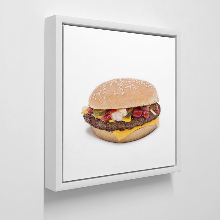 Simon Taylor oil painting of a Quarter Pounder with Cheese burger on white background, hyper-real sesame bun, cheddar slice, beef patty, ketchup and pickles in precise detail.