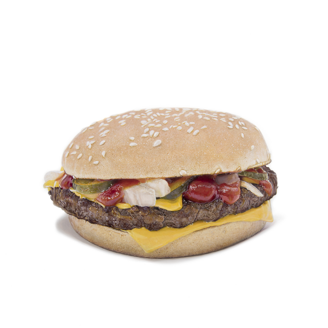 Simon Taylor oil painting of a Quarter Pounder with Cheese burger on white background, hyper-real sesame bun, cheddar slice, beef patty, ketchup and pickles in precise detail.