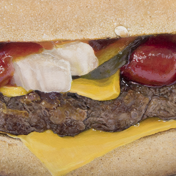 Simon Taylor oil painting of a Quarter Pounder with Cheese burger on white background, hyper-real sesame bun, cheddar slice, beef patty, ketchup and pickles in precise detail.