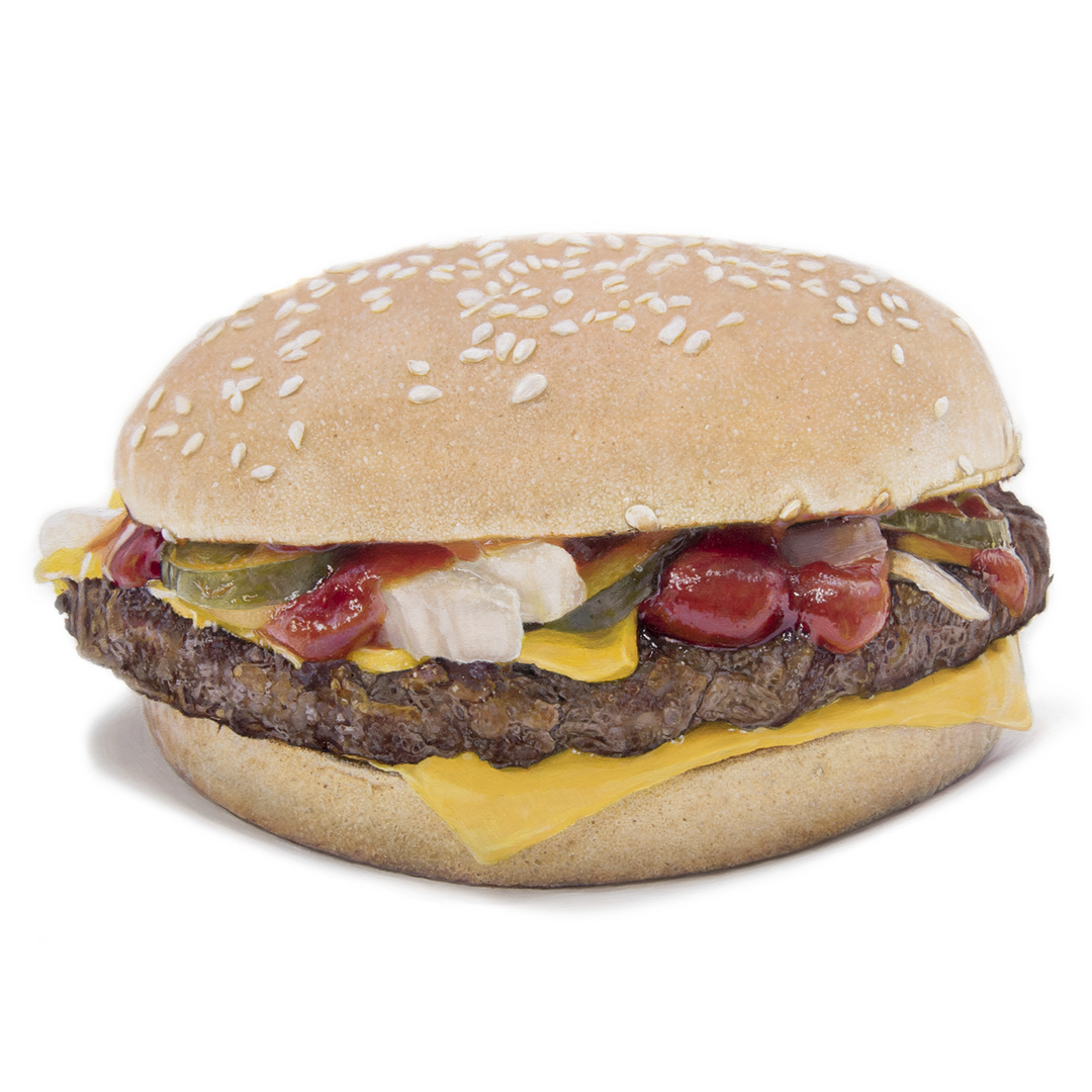 Simon Taylor oil painting of a Quarter Pounder with Cheese burger on white background, hyper-real sesame bun, cheddar slice, beef patty, ketchup and pickles in precise detail.