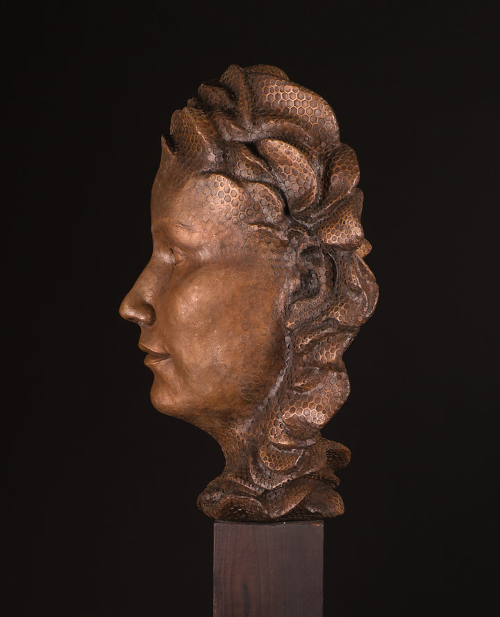 Detailed bronze sculpture of a serene female face emerging from a swirling form of honeycomb texture, symbolising a queen bee. The head is crowned with hexagonal cells, flowing seamlessly into a coiled, hive-like base. The surface glows with rich golden and amber tones, celebrating fertility, nature, and the intricate structure of the hive. A bold fusion of natural pattern and human portraiture that highlights the interdependence of bees and humans.