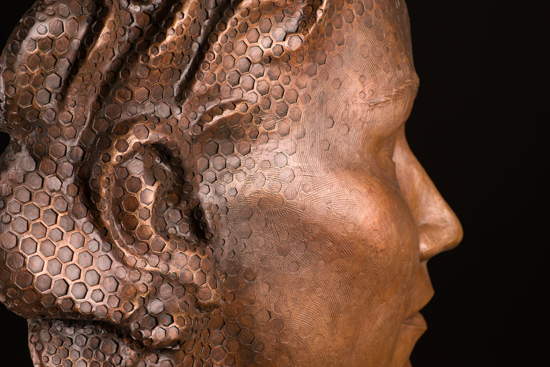 Detailed bronze sculpture of a serene female face emerging from a swirling form of honeycomb texture, symbolising a queen bee. The head is crowned with hexagonal cells, flowing seamlessly into a coiled, hive-like base. The surface glows with rich golden and amber tones, celebrating fertility, nature, and the intricate structure of the hive. A bold fusion of natural pattern and human portraiture that highlights the interdependence of bees and humans.