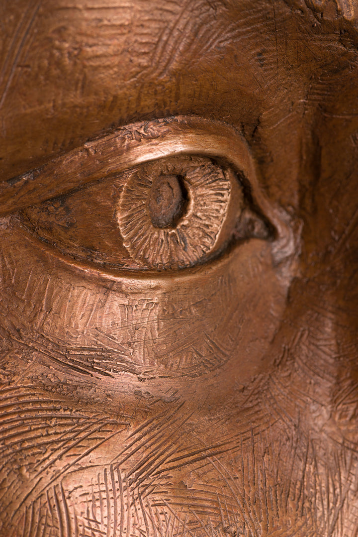 Detailed bronze sculpture of a serene female face emerging from a swirling form of honeycomb texture, symbolising a queen bee. The head is crowned with hexagonal cells, flowing seamlessly into a coiled, hive-like base. The surface glows with rich golden and amber tones, celebrating fertility, nature, and the intricate structure of the hive. A bold fusion of natural pattern and human portraiture that highlights the interdependence of bees and humans.