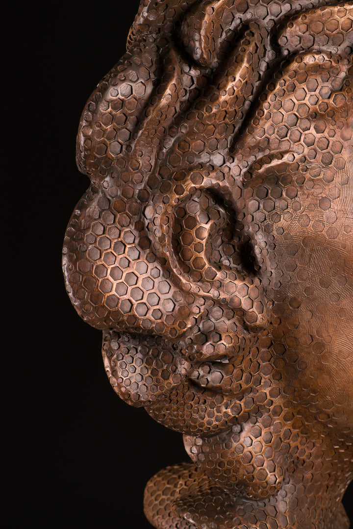 Detailed bronze sculpture of a serene female face emerging from a swirling form of honeycomb texture, symbolising a queen bee. The head is crowned with hexagonal cells, flowing seamlessly into a coiled, hive-like base. The surface glows with rich golden and amber tones, celebrating fertility, nature, and the intricate structure of the hive. A bold fusion of natural pattern and human portraiture that highlights the interdependence of bees and humans.