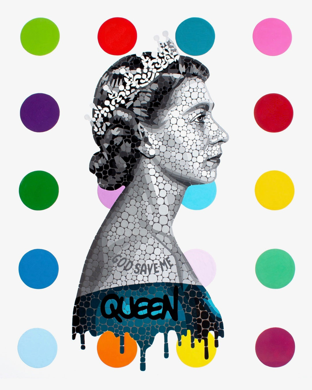 Pop art mosaic portrait of the Queen with colourful polka dots and graffiti text.

