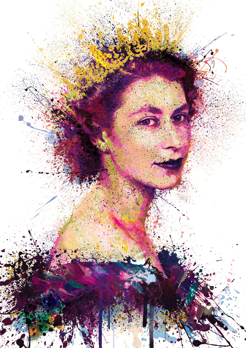 Vibrant portrait of a young Queen Elizabeth II in a painterly splatter style, featuring a golden crown and regal expression against a white background.