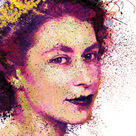 Vibrant portrait of a young Queen Elizabeth II in a painterly splatter style, featuring a golden crown and regal expression against a white background.