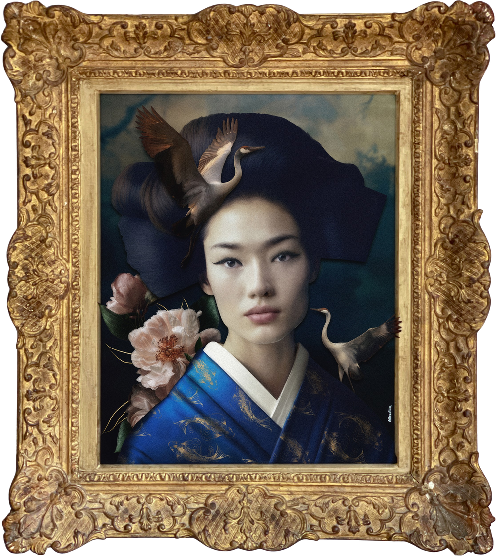 Catarina Diaz’s Quintessence, analogue collage on Somerset Enhanced Velvet with oil on canvas board. Portrait of an East Asian woman in a cobalt blue kimono with gold koi, framed by peonies, flying cranes, and a soft clouded backdrop in an ornate antique gold frame.