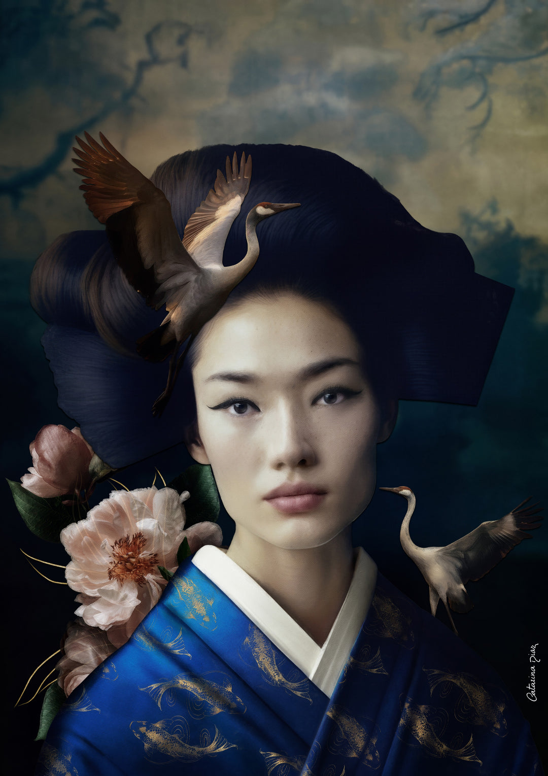 Catarina Diaz’s Quintessence, analogue collage on Somerset Enhanced Velvet with oil on canvas board. Portrait of an East Asian woman in a cobalt blue kimono with gold koi, framed by peonies, flying cranes, and a soft clouded backdrop in an ornate antique gold frame.