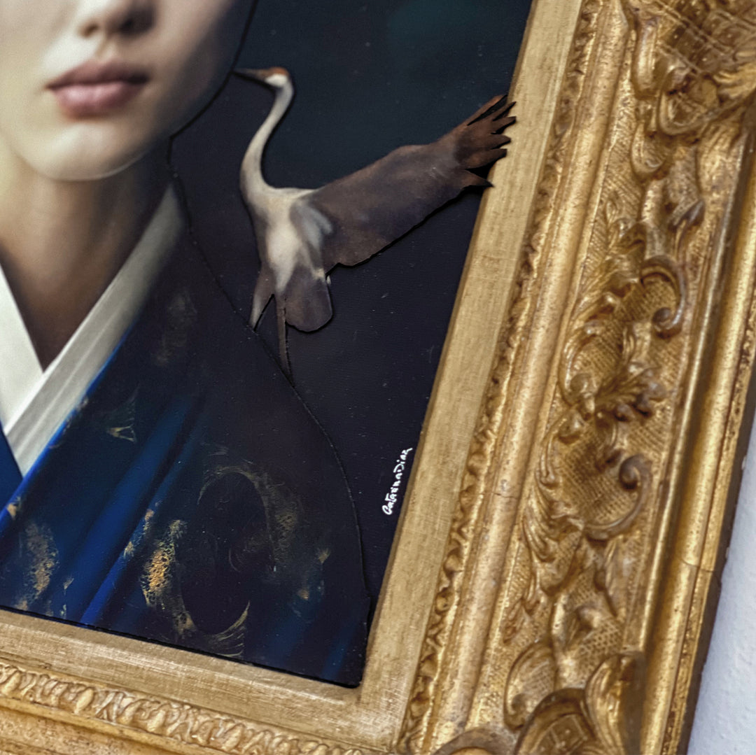 Catarina Diaz’s Quintessence, analogue collage on Somerset Enhanced Velvet with oil on canvas board. Portrait of an East Asian woman in a cobalt blue kimono with gold koi, framed by peonies, flying cranes, and a soft clouded backdrop in an ornate antique gold frame.
