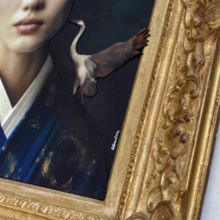 Catarina Diaz’s Quintessence, analogue collage on Somerset Enhanced Velvet with oil on canvas board. Portrait of an East Asian woman in a cobalt blue kimono with gold koi, framed by peonies, flying cranes, and a soft clouded backdrop in an ornate antique gold frame.