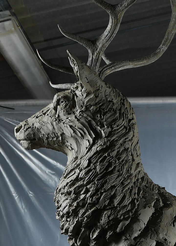 ‘Red Stag: Life Size’ by Hamish Mackie, a monumental limited-edition bronze wildlife sculpture depicting a mature Scottish Highland red deer stag standing alert on a rugged rocky outcrop. Featuring an imposing set of branching antlers, a powerful muscular body and richly textured coat, the sculpture captures the strength, dignity and commanding presence of a stag surveying its territory. Photographs show the original hand-modelled clay sculpture prior to bronze casting.