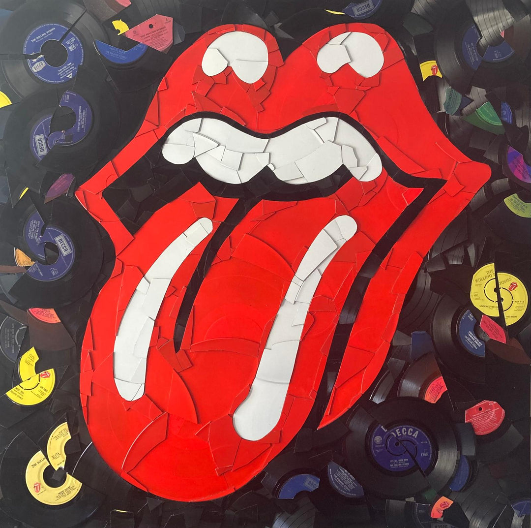 Ed Chapman mosaic of the Rolling Stones’ iconic tongue and lips logo, meticulously crafted from broken original Rolling Stones vinyl records in striking red, black, and white tones.