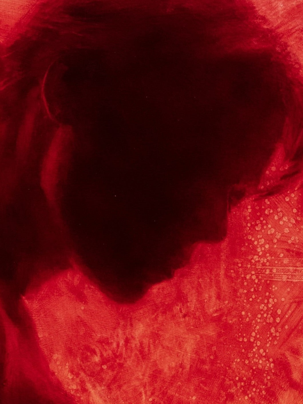 Oil on canvas painting by Dan Bullock, titled Radiance. A striking silhouette portrait of a woman in profile, painted entirely in deep crimson red within a bold rectangular frame, set against a neutral canvas ground. The figure’s bowed head and soft edges evoke intimacy and contemplation, with rich tonal depth and glowing intensity.