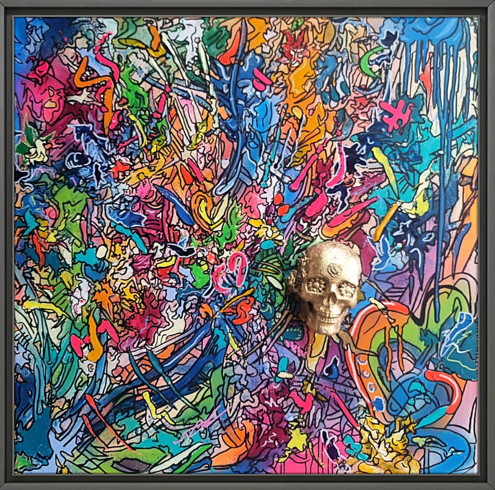 A vibrant abstract artwork filled with layered graffiti-style lines, bold colours and energetic mark-making, centred around a gold 3D skull emerging from the canvas.