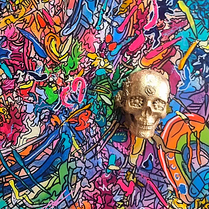 A vibrant abstract artwork filled with layered graffiti-style lines, bold colours and energetic mark-making, centred around a gold 3D skull emerging from the canvas.
