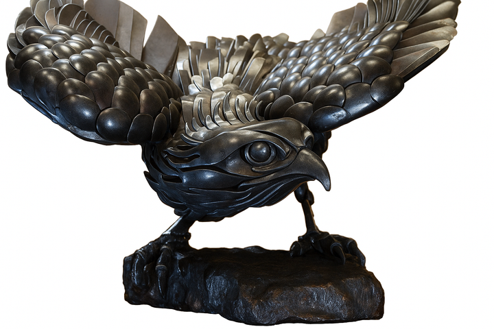Close-up of a handcrafted metal hawk sculpture with outstretched wings, captured with sparks in the background.