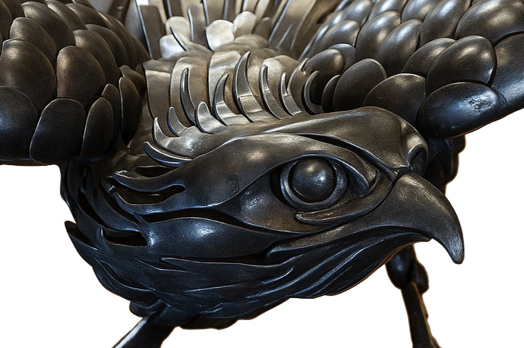 Close-up of a handcrafted metal hawk sculpture with outstretched wings, captured with sparks in the background.