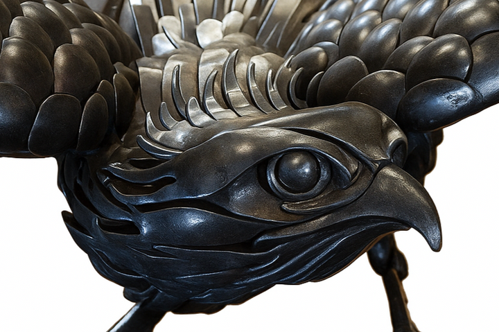 Close-up of a handcrafted metal hawk sculpture with outstretched wings, captured with sparks in the background.