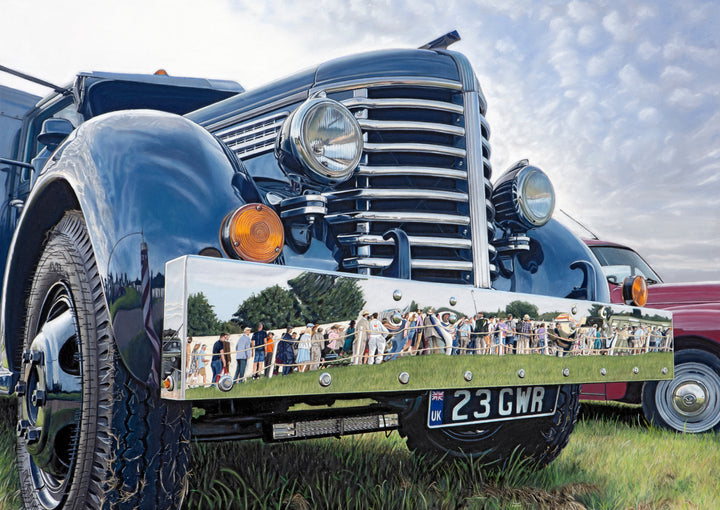 Limited edition giclée print by Ray West featuring a hyper-realistic pastel artwork of a vintage truck at Goodwood, with spectators reflected in the polished chrome bumper, capturing light, depth and detail, reproduced on archival quality fine art paper.