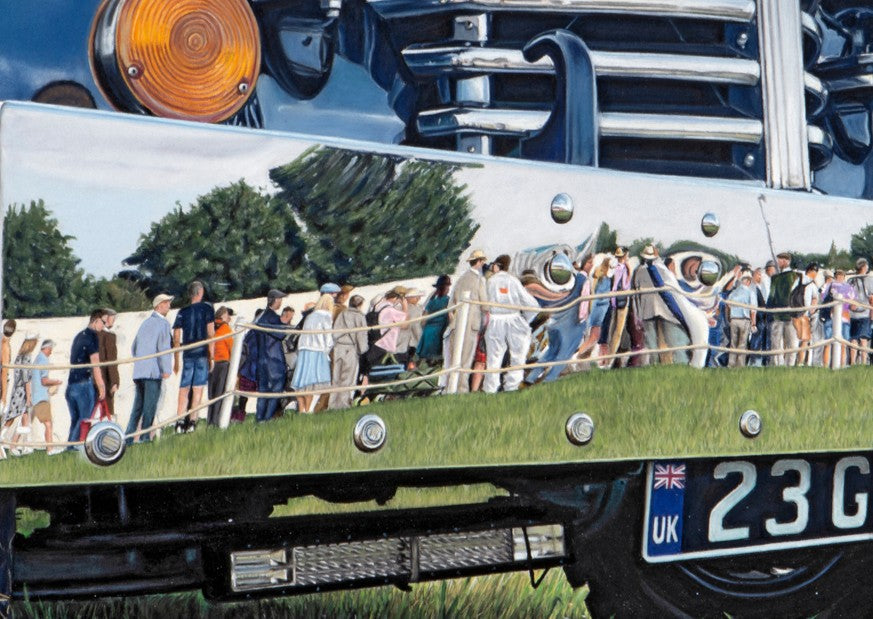 Limited edition giclée print by Ray West featuring a hyper-realistic pastel artwork of a vintage truck at Goodwood, with spectators reflected in the polished chrome bumper, capturing light, depth and detail, reproduced on archival quality fine art paper.