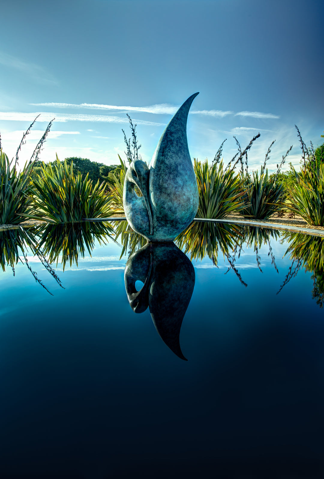 Simon Gudgeon bronze sculpture Reflection featuring an elegant abstract organic form with sweeping curved bronze surfaces displayed within a landscaped outdoor setting.