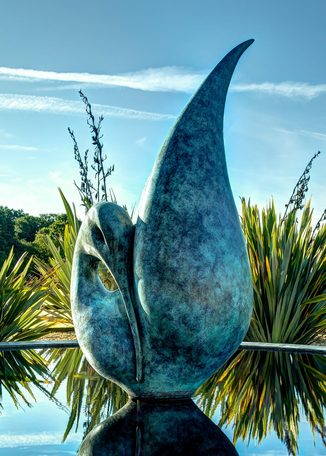 Simon Gudgeon bronze sculpture Reflection featuring an elegant abstract organic form with sweeping curved bronze surfaces displayed within a landscaped outdoor setting.
