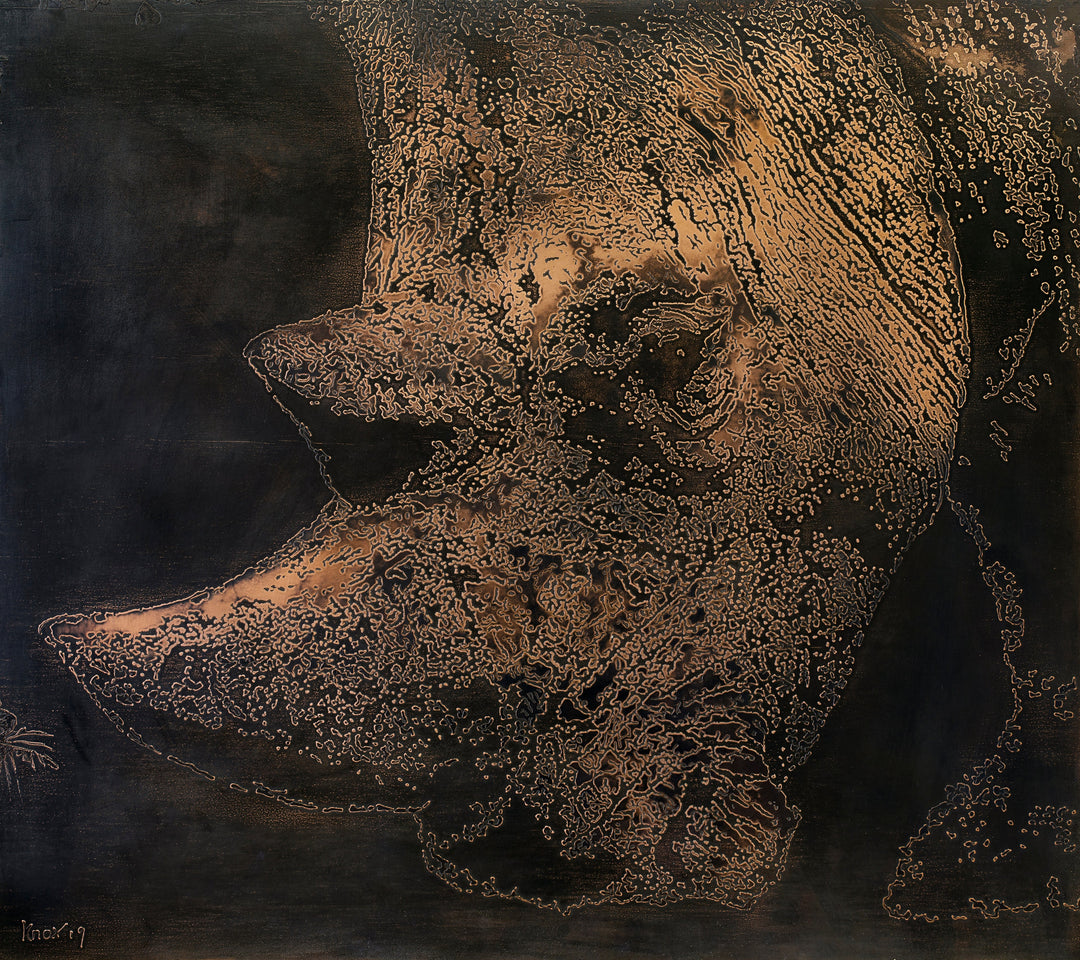 2D copper etching of a rhinoceros head, with intricate line work and textured shading revealing the contours of the horn and facial structure