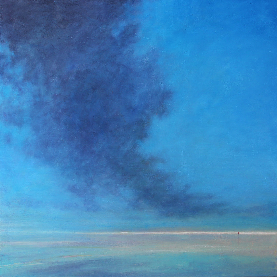 Derek Hare oil painting seascape with a rising storm cloud over a calm blue horizon, featuring a distant solitary figure.