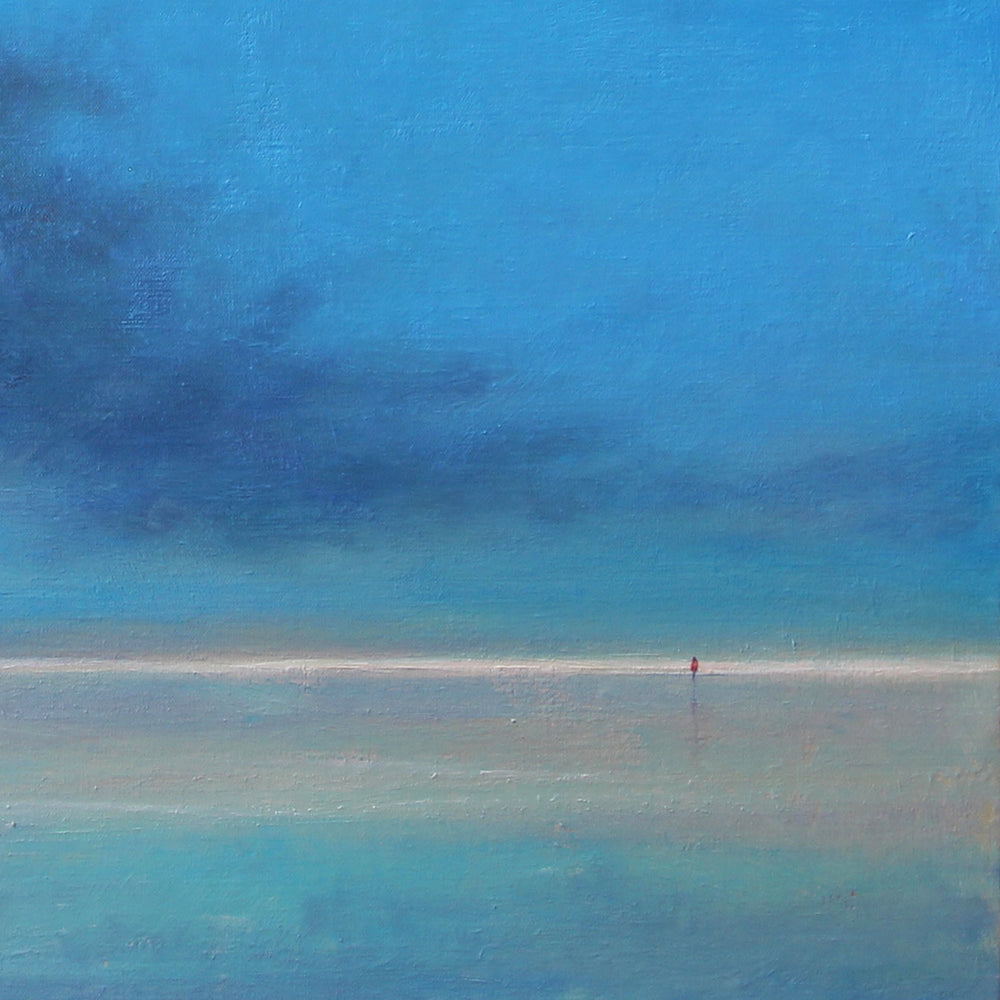 Derek Hare oil painting seascape with a rising storm cloud over a calm blue horizon, featuring a distant solitary figure.