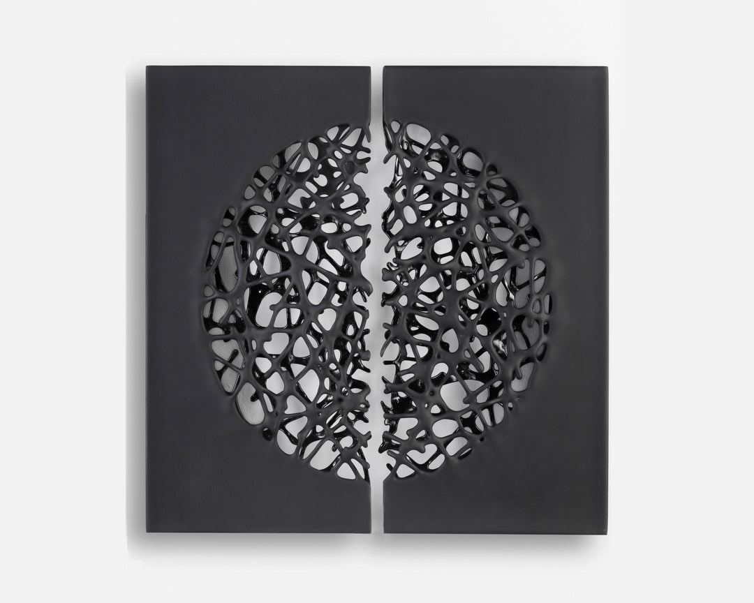 Tracy Nicholls glass wall sculpture Riven — a one-off artwork of two black glass panels forming an orb when placed side by side. The intricate webbed structure undulates with organic movement, featuring a satin-smooth exterior contrasting with a glossy black inner surface that glimmers through the open lace-like forms.