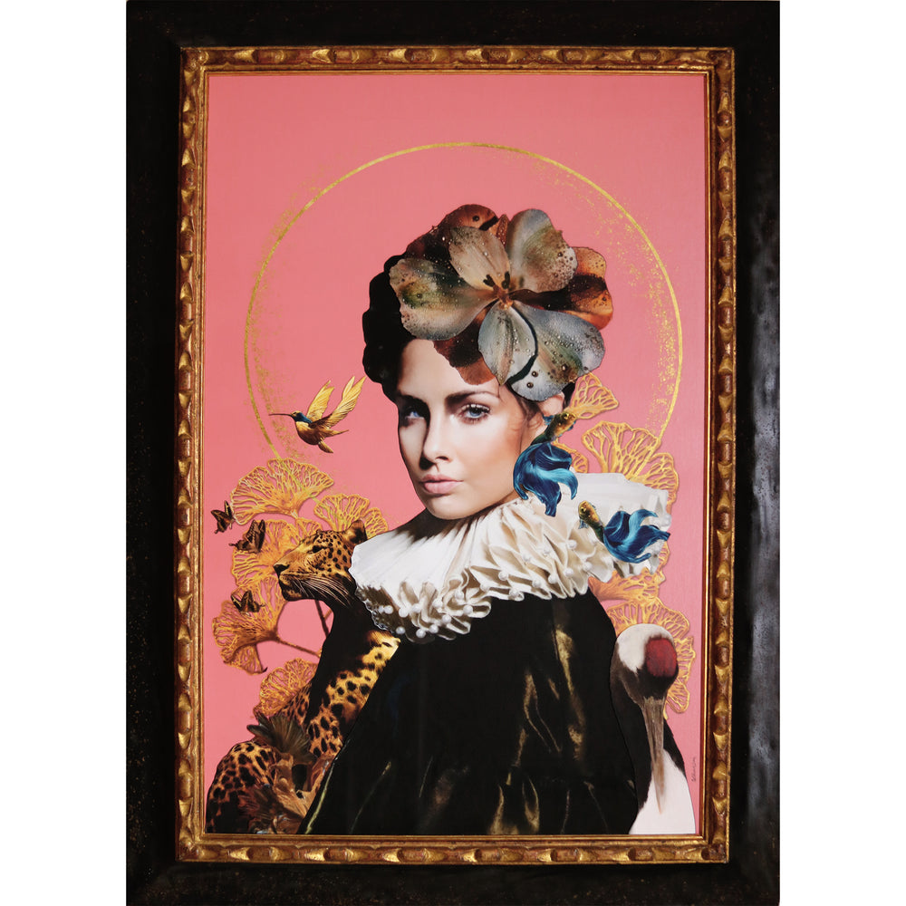 Catarina Diaz’s Rococo Soul, analogue collage on Somerset Enhanced Velvet with oil on canvas. Elegant woman in black ruff and floral headpiece, surrounded by leopard, hummingbird, cranes, goldfish and butterflies, set against pink backdrop with gold halo.