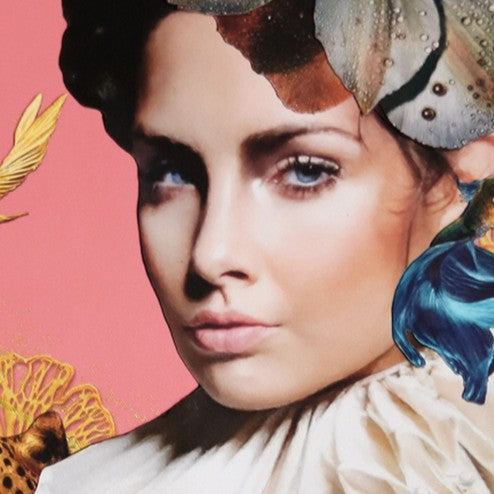 Catarina Diaz’s Rococo Soul, analogue collage on Somerset Enhanced Velvet with oil on canvas. Elegant woman in black ruff and floral headpiece, surrounded by leopard, hummingbird, cranes, goldfish and butterflies, set against pink backdrop with gold halo.