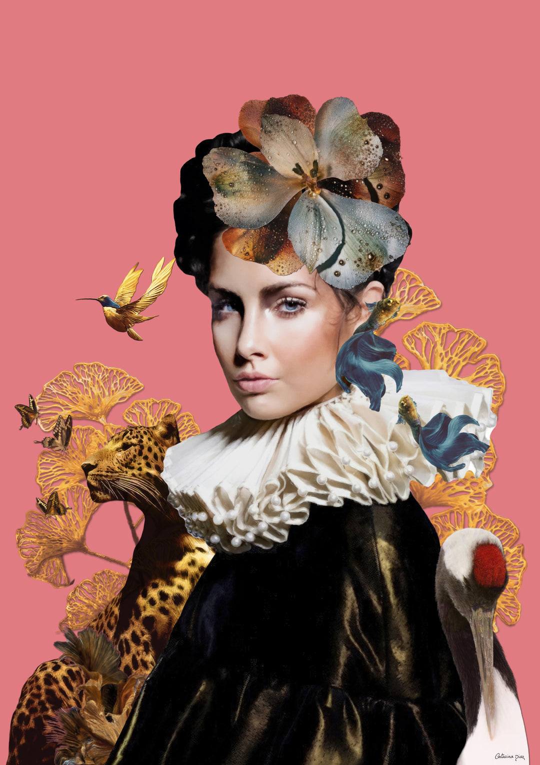 Catarina Diaz’s Rococo Soul, analogue collage on Somerset Enhanced Velvet with oil on canvas. Elegant woman in black ruff and floral headpiece, surrounded by leopard, hummingbird, cranes, goldfish and butterflies, set against pink backdrop with gold halo.