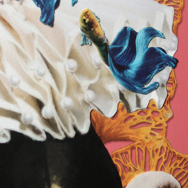 Catarina Diaz’s Rococo Soul, analogue collage on Somerset Enhanced Velvet with oil on canvas. Elegant woman in black ruff and floral headpiece, surrounded by leopard, hummingbird, cranes, goldfish and butterflies, set against pink backdrop with gold halo.