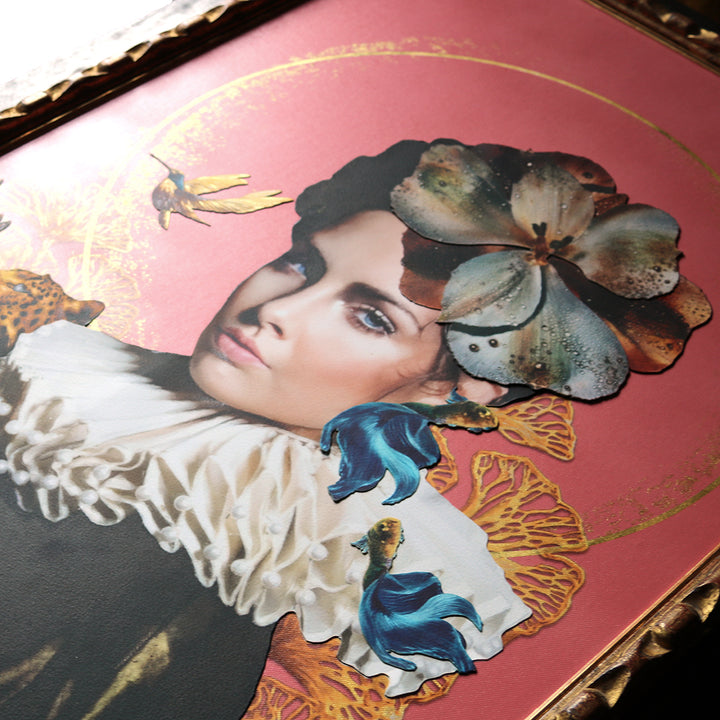 Catarina Diaz’s Rococo Soul, analogue collage on Somerset Enhanced Velvet with oil on canvas. Elegant woman in black ruff and floral headpiece, surrounded by leopard, hummingbird, cranes, goldfish and butterflies, set against pink backdrop with gold halo.
