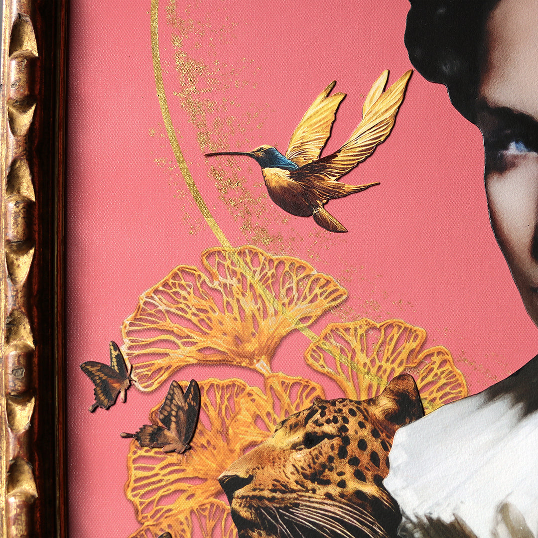 Catarina Diaz’s Rococo Soul, analogue collage on Somerset Enhanced Velvet with oil on canvas. Elegant woman in black ruff and floral headpiece, surrounded by leopard, hummingbird, cranes, goldfish and butterflies, set against pink backdrop with gold halo.