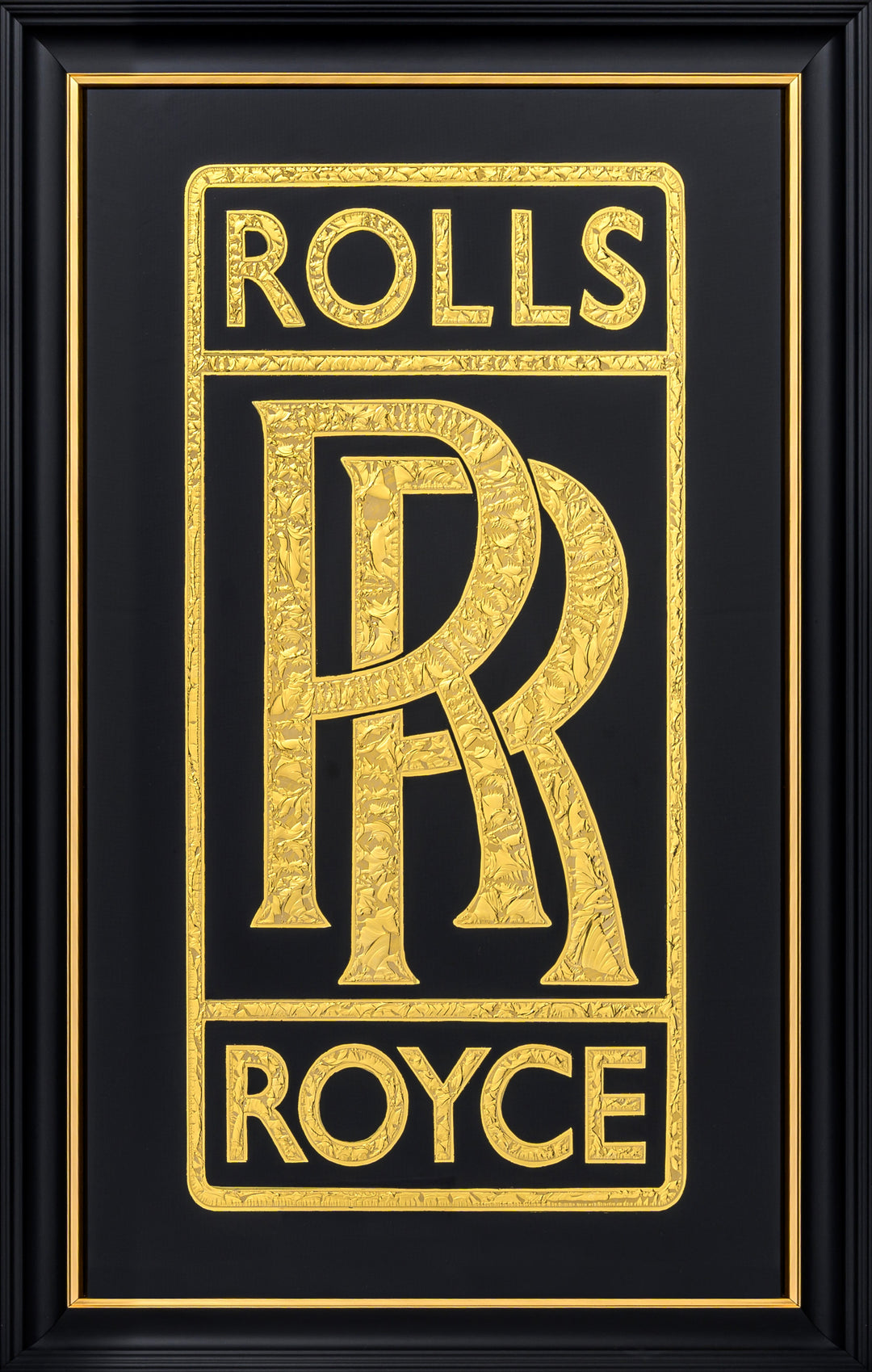 Vince Edmunds Rolls Royce double R monogram in 24ct gold leaf on reverse glass, textured glue-chipped detail on black background