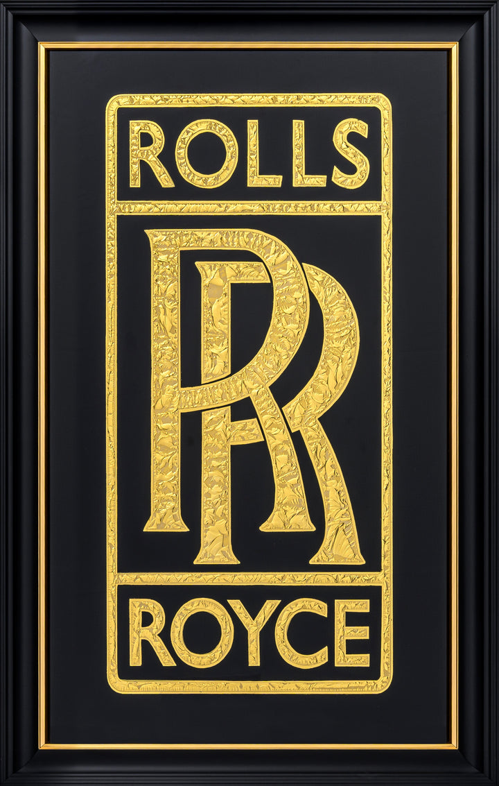 Vince Edmunds Rolls Royce double R monogram in 24ct gold leaf on reverse glass, textured glue-chipped detail on black background
