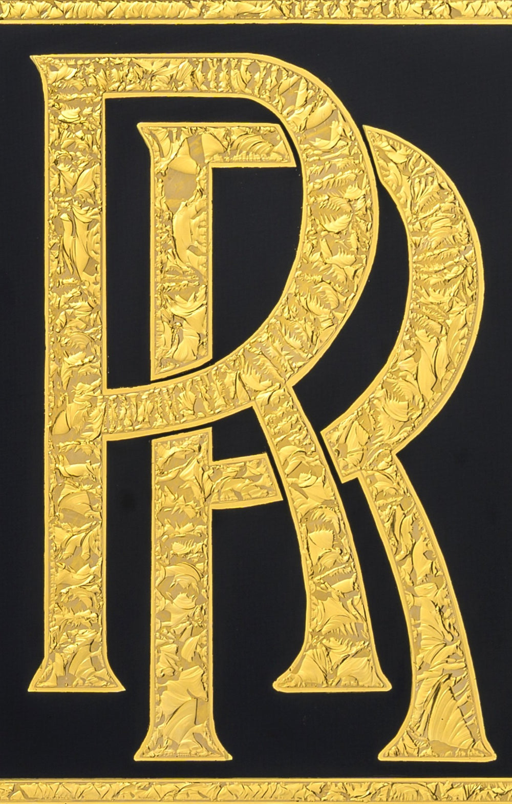 Vince Edmunds Rolls Royce double R monogram in 24ct gold leaf on reverse glass, textured glue-chipped detail on black background