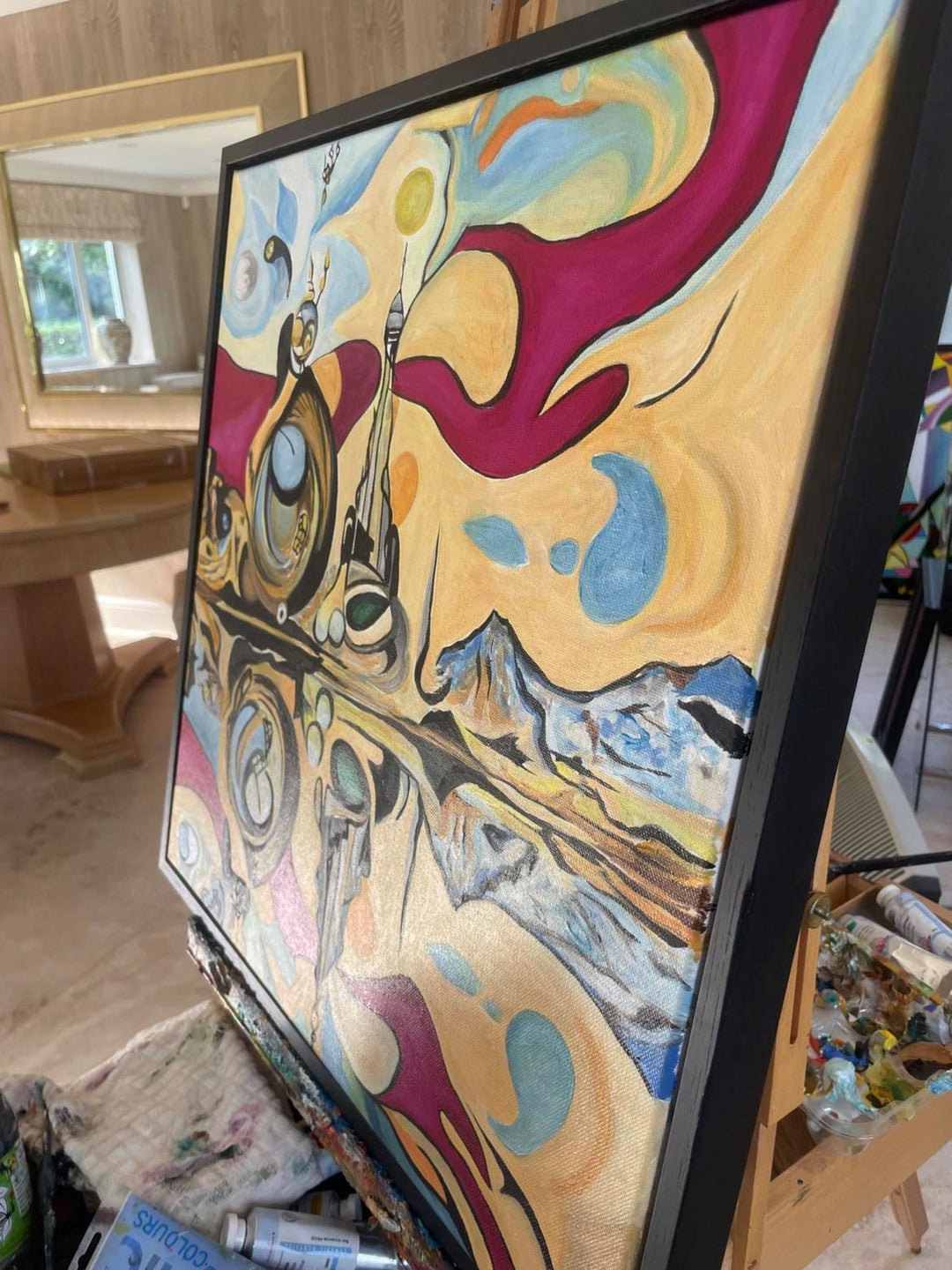 Surreal abstract painting with mirrored landscape, organic shapes, mountain reflections, and a tower-like structure under swirling skies.

